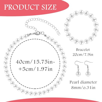 3 Pcs 8mm Pearl Necklace Bracelet Earrings Set Faux Pearl Jewelry Set for Women Simulated Pearl Necklaces Set Round White Pearl Costume Jewelry Accessories for Women Girls Brides Wedding Gift - color: White