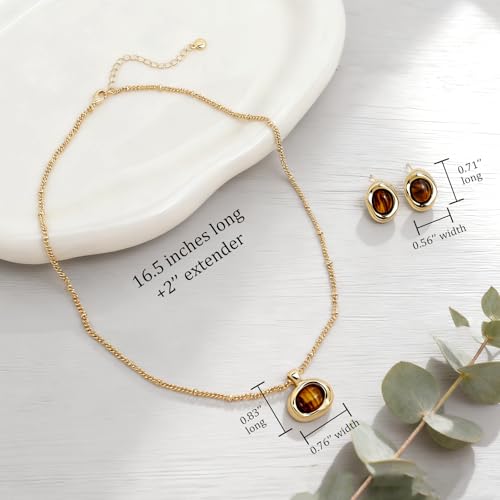 Gold Silver Stud Earrings Pendent Necklace Sets for Women, Dainty Rhinestone Crystal Necklace Earing Jewelry Set Wedding Accessories Fashion Holiday Gift - color: Brown Tiger Eye