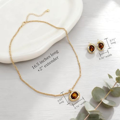 Gold Silver Stud Earrings Pendent Necklace Sets for Women, Dainty Rhinestone Crystal Necklace Earing Jewelry Set Wedding Accessories Fashion Holiday Gift - color: Brown Tiger Eye
