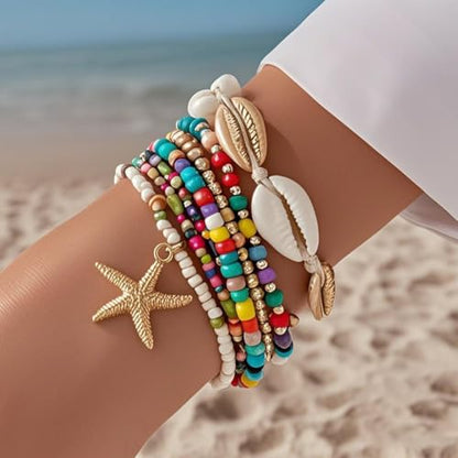 Bohemian Starfish Bracelets for Women - Adjustable Stackable Beach Bracelets, Handmade Stretchy Beaded Summer Jewelry, Perfect for Surf & Waterproof Fun - color: Color