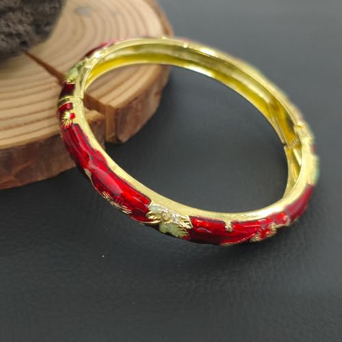 Cloisonne Bracelet For Women, Chunky Bangle Trendy Cute Flower Enamel Bangles Multi Tone Engraved Cuff Gold Plated Bracelets Stackable Wife Jewelry Friendship Gift - color: Dark Red