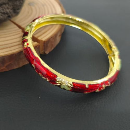 Cloisonne Bracelet For Women, Chunky Bangle Trendy Cute Flower Enamel Bangles Multi Tone Engraved Cuff Gold Plated Bracelets Stackable Wife Jewelry Friendship Gift - color: Dark Red