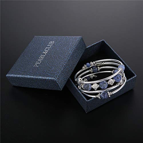 Beaded Pearl Bangle Wrap Bracelet - Fashion Bohemian Jewelry Multilayer Charm Bracelet with Thick Silver Metal Beads, Gift For Women - color: Navy Blue