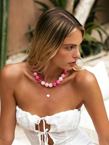 Chunky Beaded Necklaces for Women Statement Necklace | Bold Chunky Choker, Large Resin Beads, Adjustable Necklace, Boho Trendy Summer Beach Holiday Jewelry - color: Pink-01