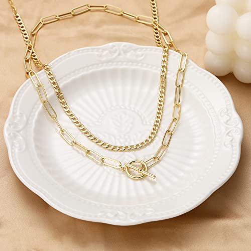 CHESKY 14K Gold Plated Layered Chain Necklace for Women | Trendy Cuban Link Chain, Chunky Paperclip Chain, Toggle Clasp Necklace, Fashion Gold Jewelry, Daily Gift for Women - style: Toggle/Paperclip-GD