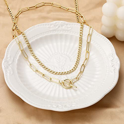 CHESKY 14K Gold Plated Layered Chain Necklace for Women | Trendy Cuban Link Chain, Chunky Paperclip Chain, Toggle Clasp Necklace, Fashion Gold Jewelry, Daily Gift for Women - style: Toggle/Paperclip-GD