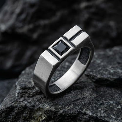 Minimalist Signet Ring 925 Sterling Silver Square Black Gemstone for Men | Handcrafted to order in 60+ sizes, solid silver with a matte brushed finish, modern geometric design with square black stone