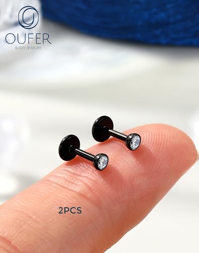 OUFER 2Pcs 20G/18G/16G G23 Titanium Threadless Nose Stud Earrings Flat Back Tiny CZ Small Nose Helix Cartilage Tragus Conch Labret Medusa Monroe Piercing Jewelry for Women Men - color: Black, size: 2pcs, 16g 5mm, 3mm cz