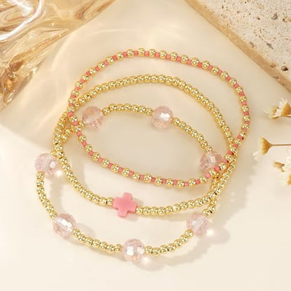14K Gold Plated Beaded 3Pcs Stack Bracelets for Women, Dainty Trendy Freshwater Stackable Pearl Paperclip Cross Chain Gold Balls Stretch Accessories Jewelry Vacation Gift - color: pink