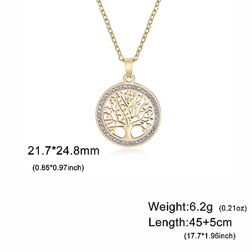Dreamtimes Tree of Life Necklace for Women Stainless Steel Gold Color Clear Zircon Round Pendant Neck Chains Family Tree Fashion Charm Luxury Jewelry Wedding Gift - color: GOLD