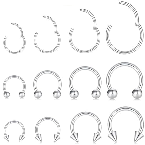 KREZIP 12 PCS 16G Hinged Segment Septum Rings Surgical Steel Horseshoe Piercing Rings Eyebrow Lip Cartilage Helix Tragus Earrings Piercing Jewelry for Women Men 6/8/10/12MM Gold Plated/Silver - style: 16G 6/8/10/12mm-Silver