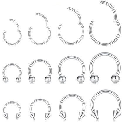 KREZIP 12 PCS 16G Hinged Segment Septum Rings Surgical Steel Horseshoe Piercing Rings Eyebrow Lip Cartilage Helix Tragus Earrings Piercing Jewelry for Women Men 6/8/10/12MM Gold Plated/Silver - style: 16G 6/8/10/12mm-Silver