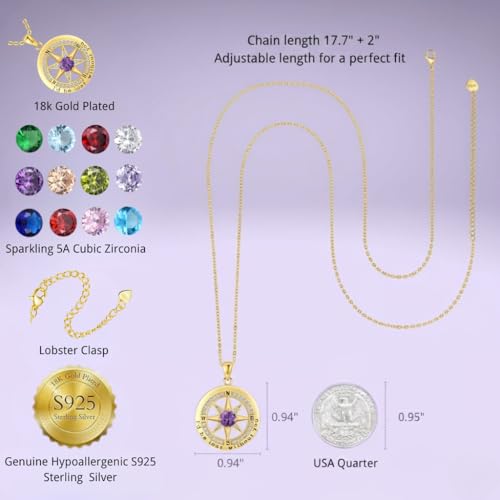 Compass Necklace for Women Wife Girlfriend Mom Daughter Gifts | S925 Silver Jewelry For Anniversary 18K Rose Gold Gifts For Birthday Christmas Mothers Valentines Day 12 Birthstones - style: 02-February-Gold