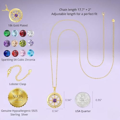 Compass Necklace for Women Wife Girlfriend Mom Daughter Gifts | S925 Silver Jewelry For Anniversary 18K Rose Gold Gifts For Birthday Christmas Mothers Valentines Day 12 Birthstones - style: 02-February-Gold