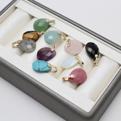 LE SKY Natural Stone Pendants Healing Crystal Gemstones with Rhinestone Charms for jewelry Making Necklace DIY Craft Gift - color: faceted drop