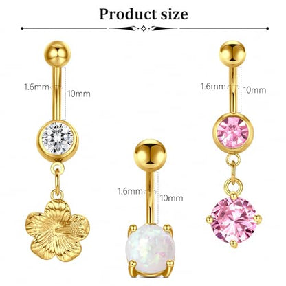 Belly Button Rings Stainless Steel 14G CZ Opal Navel Rings Barbells Women Girls Belly Piercing Jewelry - color: Gold Color-Style B: 3PCS