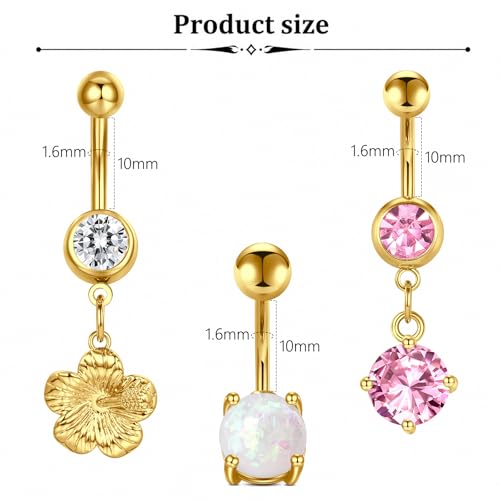 Belly Button Rings Stainless Steel 14G CZ Opal Navel Rings Barbells Women Girls Belly Piercing Jewelry - color: Gold Color-Style B: 3PCS