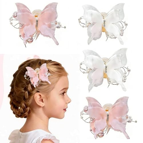 4PCS Butterfly Hair Clips,2" Small Tulle Mesh Butterfly Hair Bows for Girls, Toddlers & Kids- Pearl Decorated hair claw clips，Girls Hair Accessories for Party Birthday Wedding(Pink,White)
