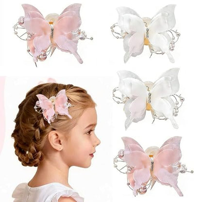 4PCS Butterfly Hair Clips,2" Small Tulle Mesh Butterfly Hair Bows for Girls, Toddlers & Kids- Pearl Decorated hair claw clips，Girls Hair Accessories for Party Birthday Wedding(Pink,White)