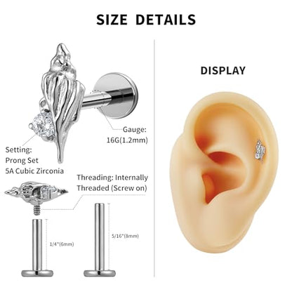 FINE4U 1PC 16G ASTM F136 Titanium Octopuses Piercings Jewelry with 6mm 8mm Post for Conch Helix Flat Labret 16G 6mm 8mm - color: Conch Shell - Tit