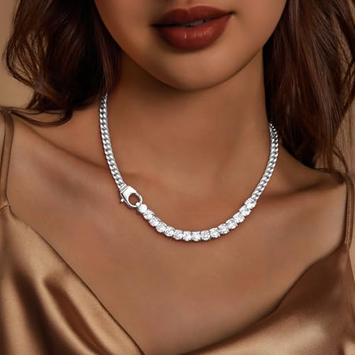 IMBOS 14K Gold Plated Chunky Chain Choker Necklaces for Women Chunky Gold Necklace Tennis Necklace for Women CZ Love Chain Cuban Link Choker Jewelry Gifts - color: Silver-Chunky Tennis