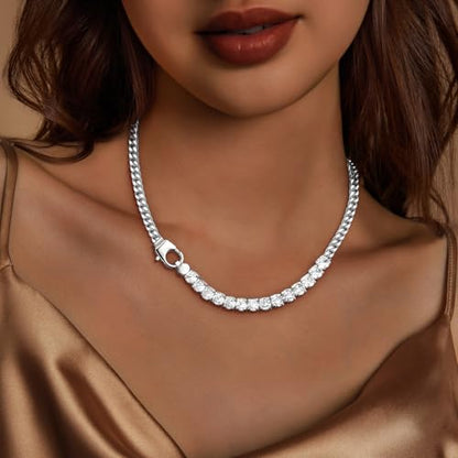 IMBOS 14K Gold Plated Chunky Chain Choker Necklaces for Women Chunky Gold Necklace Tennis Necklace for Women CZ Love Chain Cuban Link Choker Jewelry Gifts - color: Silver-Chunky Tennis