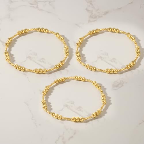 Gold Beaded Bracelet Stack for Women Colorful Small Seed Beads Bracelets Set Boho 14K Gold Plated Ball Stackable Stretch Non-Tarnish Dainty Jewelry Trendy Accessory Friendship Gift - color: Three Ball