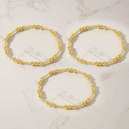 Gold Beaded Bracelet Stack for Women Colorful Small Seed Beads Bracelets Set Boho 14K Gold Plated Ball Stackable Stretch Non-Tarnish Dainty Jewelry Trendy Accessory Friendship Gift - color: Three Ball