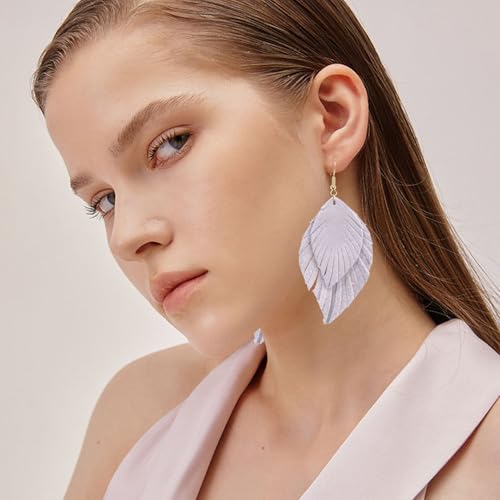 Handmade Bohemian Large Soft Genuine Leather Fringe Double Feather Dangle Drop Earrings Lightweight Simple Color PU Leaf Hook Earrings for Women - color: Purple