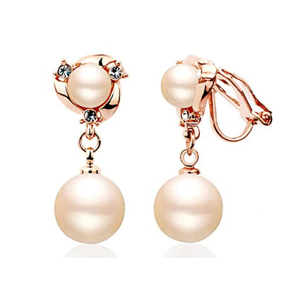 Clip On Earring For Women Pearl Non Pierced Clip Earrings - color: rose gold Beige