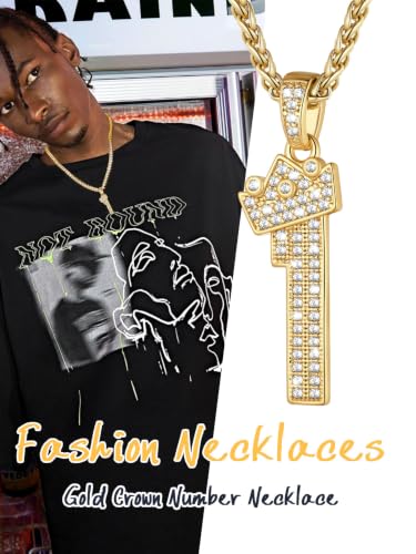 U7 Crown Initial Necklace Men Women, Bling Diamond A-Z 0-9 Letter Pendant with Wheat Chain, Silver/Black/Gold Plated CZ Alphabet Number Hip Hop Jersery for Father Husband - color: a. Gold, size: 28. 1