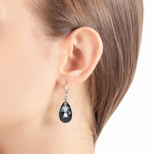 Austrian Crystal Teardrop Dangle Hook Earrings for Women 14K Gold Plated Hypoallergenic Jewelry - color: Grey-Black