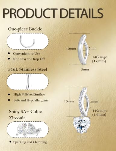Apsvo 2Pcs Belly Button Ring for Women Surgical Steel CZ Clicker Belly Rings Hoop Teardrop Heart Dangle Belly Button Piercing Simple Reverse Navel Piercing Jewelry 14G - color: Silver-Heart