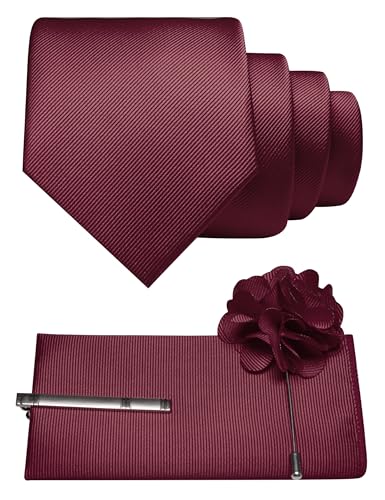 JEMYGINS Formal Necktie Solid Color Tie and Pocket Square with Tie Clip Lapel Pin Sets for Men 4PCS - color: Maroon