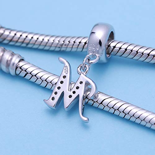 925 Sterling Silver Charms Alphabet Beads fit Pandora Charm Bracelets A-Z Letter Initial Spacer Dangle Clear CZ Stone Authentic for Snake Chain Bracelets - color: M
