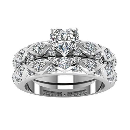 Women 2PCS Inlaid Zircon Proposal Rings Set Heart Shaped Simulated Diamond Elegant Ring Bridal Wedding Band (Sliver, 9) - color: Sliver, size: 9