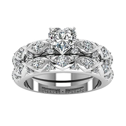 Women 2PCS Inlaid Zircon Proposal Rings Set Heart Shaped Simulated Diamond Elegant Ring Bridal Wedding Band (Sliver, 12) - color: Sliver, size: 12