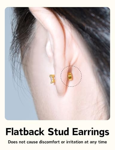 Kainier Women's 14K Gold Plated CZ Stud Earrings Simulated Diamond Round Cubic Zirconia Ear Stud Set（5 Pairs)… - color: Flatback-Gold