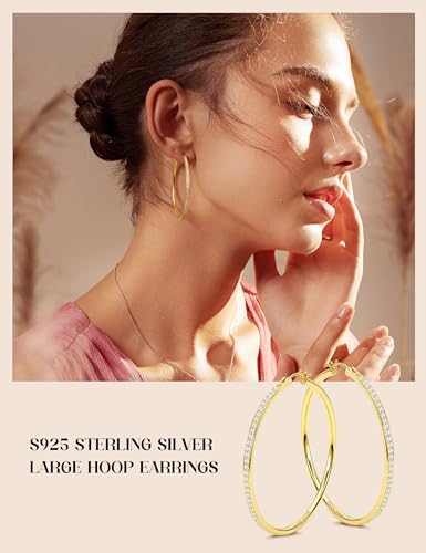 925 Sterling Silver Hoop Earrings for Women Sparkly Cubic Zirconia Large Hoops 18K White Gold Plated Hypoallergenic Lightweight Rhinestone Big Hoop Earrings 40/50MM Silver/Gold - color: 40mm-Gold