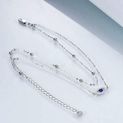 POPLYKE 925 Sterling Silver Double Layered Chain Evil Eye Daisy Sunflower Butterfly Anklets for Women Holiday Beach Crystal Ankle Bracelet Dainty Evil Eye Jewelry - style: Silver Evil Eye Anklet