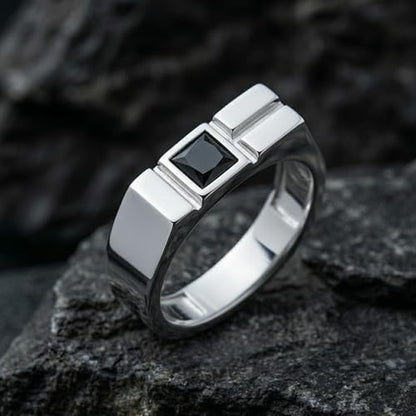 Modern Square Signet Ring 925 Sterling Silver Black Rhodium for Men | Made to order in 60+ sizes, solid 925 sterling silver, black rhodium finish, geometric standout piece for modern styling.
