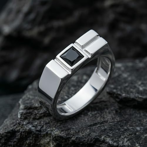 Minimalist Signet Ring 925 Sterling Silver Square Black Gemstone for Men | Handcrafted to order in 60+ sizes, solid silver with a matte brushed finish, modern geometric design with square black stone