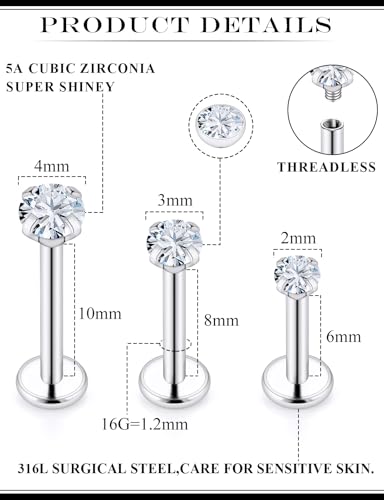 16G Internal Thread Flat Back Earrings Nose Studs 316L Surgical Steel Medusa Labret Monroe Lip Ring Tragus Forward Helix Conch Cartilage Lobe Earrings Stud Piercing Jewelry For Women Men - color: Silver-Clear CZ