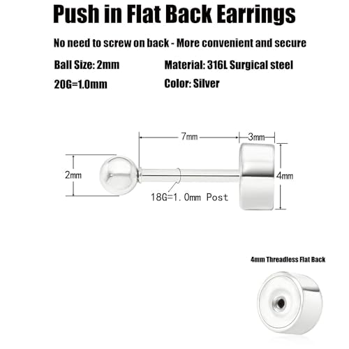 Sweetkiki Threadless Flat Back Earrings, 14K Gold Plated Ball Stud Earrings Hypoallergenic | Cartilage Earring | Helix Piercing Jewelry | Tragus Piercing Jewelry | Push in Flatback Earrings for Women Men - color: Silver, size: 2 Millimeters