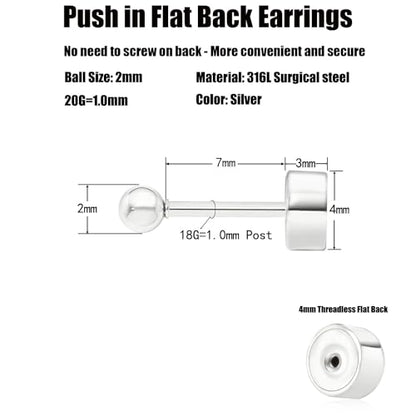 Sweetkiki Threadless Flat Back Earrings, 14K Gold Plated Ball Stud Earrings Hypoallergenic | Cartilage Earring | Helix Piercing Jewelry | Tragus Piercing Jewelry | Push in Flatback Earrings for Women Men - color: Silver, size: 2 Millimeters