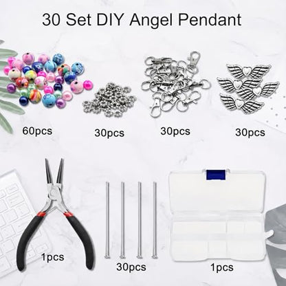 Metacipher 180Pcs DIY Angel Keychain Making Kit with Beads & Pliers | Angel Wing Spacers,Floral Beads,Lobster Clasps,DIY Bag Charm, Jewelry Making Supplies,Party Favor,Crafts for Women - color: Love Wings