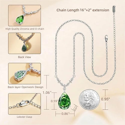 Platinum Plated Cubic Zirconia Teardrop Pendant Necklace Dangle Earrings Set, Silver Jewelry Set for Women,Wedding Jewelry Set for Bride,Bridesmaid Jewelry Gift, Gift for Valentine's Day, Birthday - color: Green