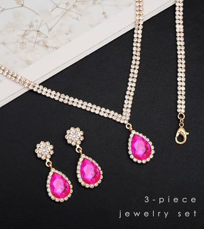 Elegant Silver Crystal Wedding Necklace Earrings Bracelet Jewelry Set for Women Brides Bridesmaids Prom Party Costume Accessory Bridal Jewelry - color: gold tone-hot pink