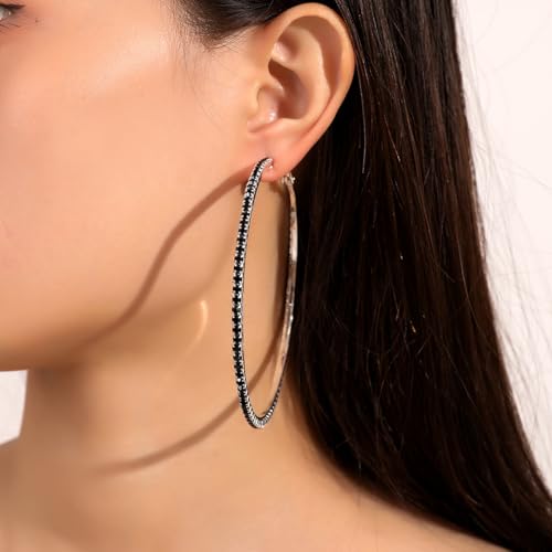 80mm Rhinestone Hoop Earrings for Women Sparkly Earrings Cubic Zirconia Circle Earring Exaggerated Prom Earring Large Rhinestones Round Hoop Earrings Silver Prom Jewelry for Party Wedding Birthday - color: Black