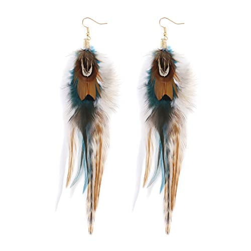 lureme Bohemian Style Boho Multicolor Pheasant Feathers Dangle Earrings for Women (er006359) - color: Earthy, Natural Tone